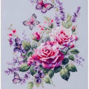 Counted Cross Stitch Kit - Happy Garden. Butterflies and Pink Roses Embroidery Pattern for Handmade Gift by Magic Needle 70-13