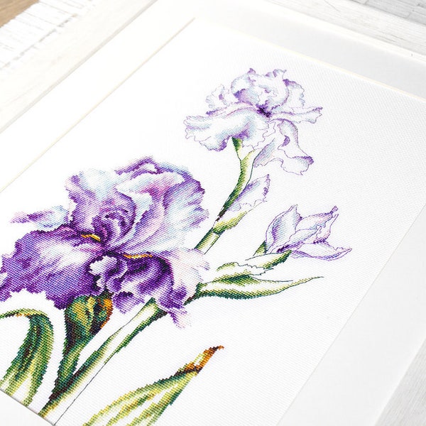 Violet Irises cross-stitch kit on Aida 16 count canvas. Blue Spring Flowers. Cross Stitch kit by Luca-s B2251L