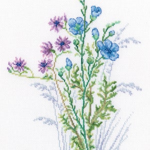 Blue Flowers cross-stitch kit on Aida 16 count canvas. Spring Flowers. Cross Stitch kit by RTO M942