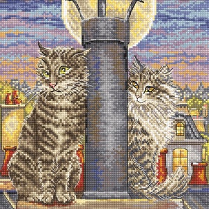 May include: Two tabby cats sit on a brick chimney against a backdrop of a city skyline at night. The moon is full and bright, shining down on the cats. The chimney is topped with a metal cap.