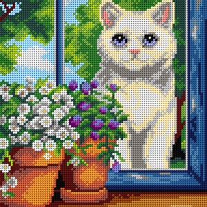 Gobelin canvas for halfstitch without yarn. White Cat. View from the Window with Flowers. by Orchidea 3518H