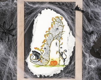 Black Cats and Pumpkin Slipper. Sally King cross-stitch kit on Aida 14 count canvas.  Halloween Heel cross stitch kit Bothy Threads XSK6