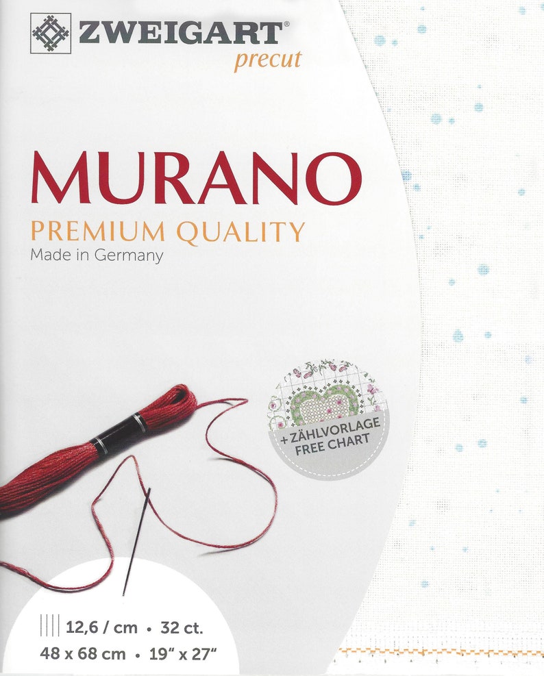 May include: White Aida cloth with a blue dot pattern. The cloth is precut and measures 19 inches by 27 inches. The package includes a free chart for cross-stitch embroidery. The text "MURANO PREMIUM QUALITY Made in Germany" is printed on the package.