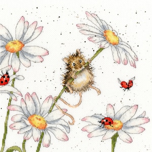 Mouse with Chamomiles. Hannah Dale cross-stitch kit on Aida 14 count canvas. Ladybug and Flowers cross stitch kit Bothy Threads XHD80