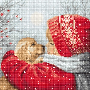 Christmas Girl with Labrador  - LetiStitch counted cross-stitch kit on Zweigart Aida 16 count canvas. Christmas Hugs L8019