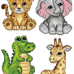May include: Four cross-stitch animal ornaments: a lion cub, an elephant, a crocodile, and a giraffe. The lion cub is tan with brown spots. The elephant is gray with pink ears. The crocodile is green. The giraffe is tan with brown spots.