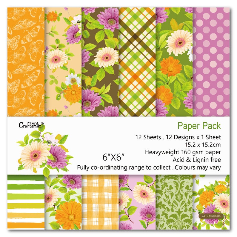 Może przedstawiać: Opakowanie 12 arkuszy papieru o wymiarach 15,2 x 15,2 cm z 12 r&oacute;żnymi wzorami kwiatowymi. Papier jest ciężki, bezkwasowy i bez ligniny, idealny do scrapbookingu, tworzenia kartek i innych prac papierowych.