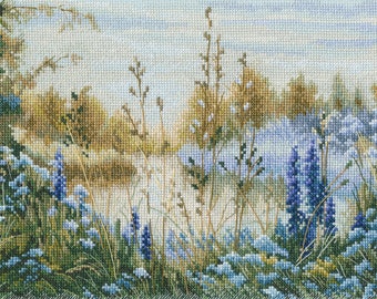 Field of Blue Flowers Cross Stitch kit. Lake Cross Stitch Pattern on Aida 14 count canvas. RTO M865