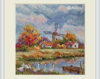 Counted Cross-stitch Kit - Autumn. Fall Landscape with Village Embroidery Pattern by Merejka K-278A