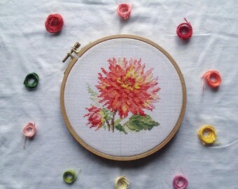 Modern Counted Cross Stitch Hand Embroidery Kit Soft Pink Flower Dahlia Pattern 