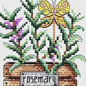 May include: Cross-stitch design of a rosemary plant in a wooden planter, with a yellow butterfly above. The plant has green leaves and purple flowers. The planter has a label that reads "rosemary".