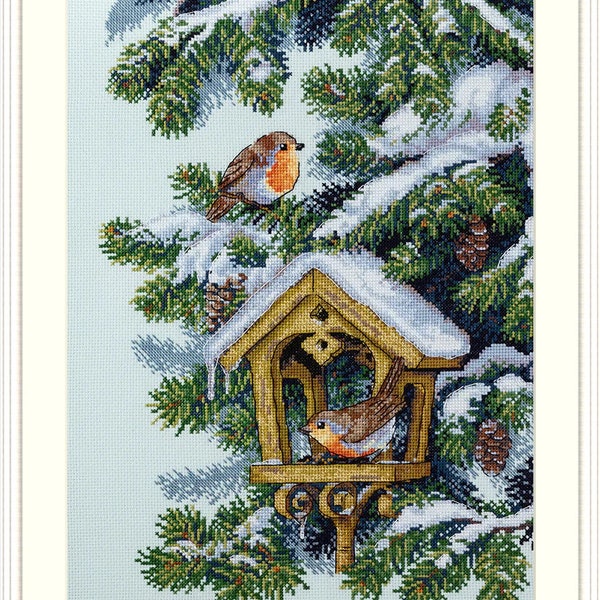 Robins - Counted Cross-Stitch Kit on Aida 16 Count Canvas. Birdhouse and Sparrows on Fir Tree. Winter Cross Stitch kit by Merejka K-152