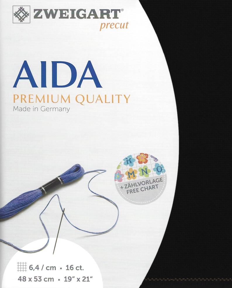 May include: A black Zweigart Aida fabric precut measuring 19 inches by 21 inches or 48 cm by 53 cm. The packaging features the text AIDA PREMIUM QUALITY, Made in Germany, and includes a blue embroidery thread skein, a needle, and a free chart.