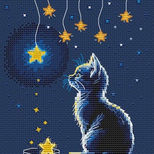 May include: Cross-stitch design of a black cat looking up at hanging gold stars against a dark blue night sky. A glowing star is in a bowl with a heart. The design has a whimsical, dreamy quality.
