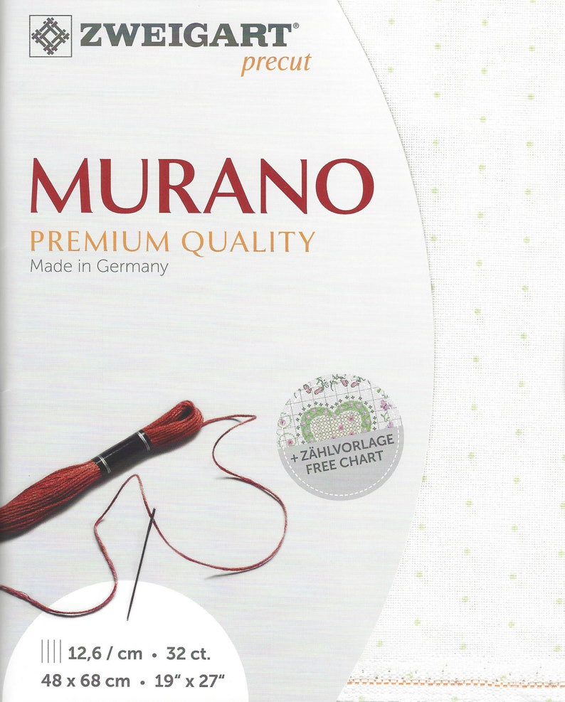 May include: A white Aida cloth with a red thread and needle, a small circle with the text "+ Z&Auml;HLVORLAGE FREE CHART" and the text "MURANO PREMIUM QUALITY Made in Germany 12.6/cm - 32 ct. 48 x 68 cm - 19" x 27"