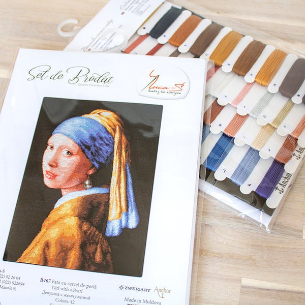 Girl with Pearl Earring cross-stitch kit on Aida 18 count canvas. Beautiful Lady.  Cross Stitch kit by Luca-s B467L Painter Johannes Vermeer