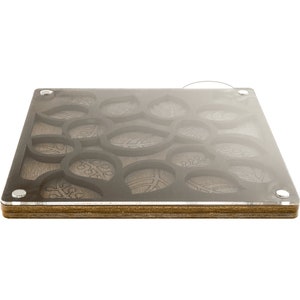 May include: A wooden tray with a clear acrylic top. The tray has a design of leaves cut out of the wood. The tray is made of multiple layers of wood.