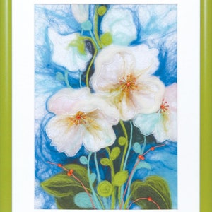 May include: A framed needle felted artwork featuring white flowers with red centers against a blue background. The flowers are surrounded by green leaves and stems.