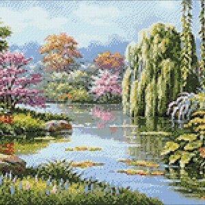 Spring Hidden Pond Diamond painting set by Wizardi. Garden  WD090 Diamond Art kit. Large Diamond painting kit
