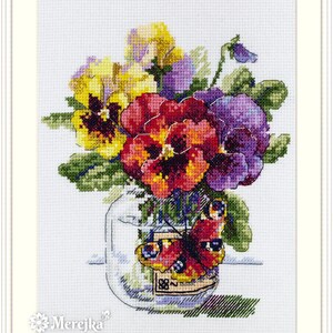 Pansies and Butterfly - Counted Cross-Stitch Kit. Cross Stitch Pattern with Flowers on Aida 14 Count Canvas. Cross Stitch by Merejka K-153