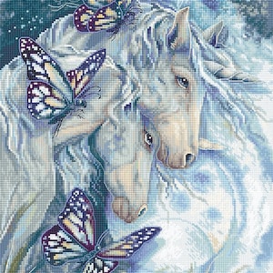 We are Magic - Horses cross-stitch kit on Aida 16 count canvas. Fantasy Unicorns with Butterflies Cross Stitch kit by LetiStitch Leti950