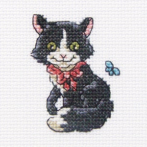 Fawning Charlie Black Cat. Grey Cat with Butterfly Cross-stitch kit on Aida 14 count canvas. Kitten H232 RTO