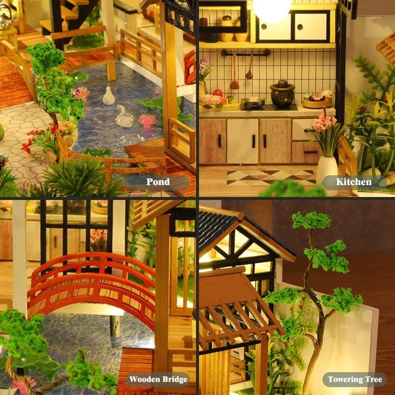 May include: A miniature dollhouse with a wooden bridge, a pond with swans, a kitchen, and a towering tree. The dollhouse is made of wood and has a traditional Japanese style.