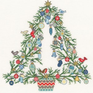 May include: A green Christmas tree decorated with colorful ornaments, including red, blue, and yellow. The tree is in a pot with a red, white, and gray pattern. There are also birds and a robin on the tree.