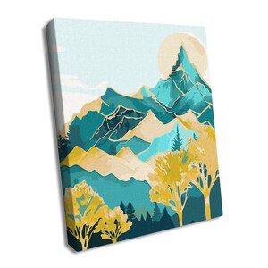 May include: A canvas print featuring a stylized mountain landscape. The artwork showcases teal and gold mountains under a pale yellow sun, with yellow trees in the foreground. The sky is a light blue, creating a serene and natural scene.