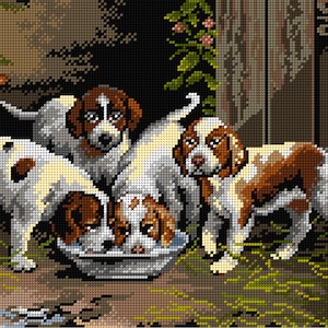 Gobelin canvas for halfstitch without yarn after Otto Eerelman - Puppies Drink Water. Orchidea 3521J