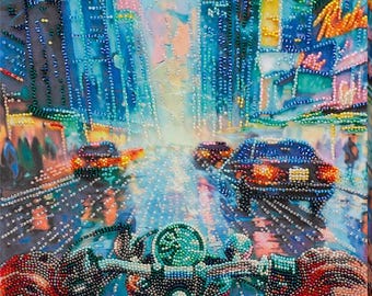 Bead Embroidery Kit – Escaping from Routine. City Lights with Motorcyclist, Urban Night Scene by Abris Art AB-944