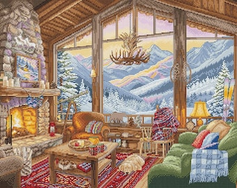Cross-stitch kit on Aida 16 Count Canvas - Winter Lodge. USA Shipping. Winter Landscape Embroidery Pattern by LetiStitch L9922