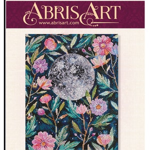 Moon with Flowers cross-stitch kit on count canvas. Forest Landscape with Night Moon. Blackwork Cross Stitch kit by Abris Art AH-065