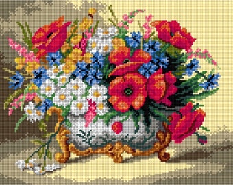 Poppies, Daisies. Needlepoint Canvas for Half Stitch without Yarn. Printed Tapestry Canvas Summer Flowers. Orchidea 3233J