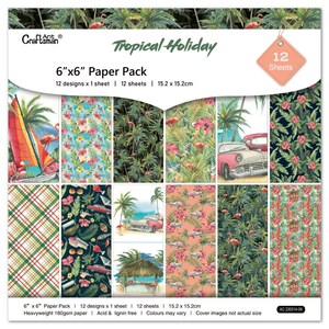 Może przedstawiać: Opakowanie 12 arkuszy papieru w tropikalnym stylu o wymiarach 15,2 x 15,2 cm. Papier zawiera r&oacute;żne wzory, w tym palmy, flamingi i zabytkowe samochody. Papier jest bezkwasowy i bez ligniny, o gramaturze 160 g/m&sup2;.
