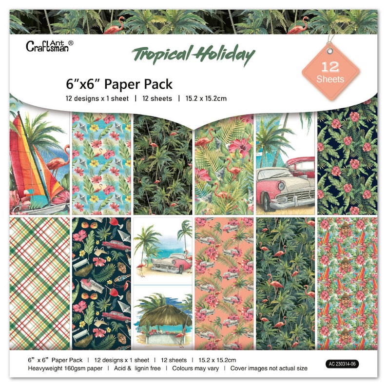 Może przedstawiać: Opakowanie 12 arkuszy papieru w tropikalnym stylu o wymiarach 15,2 x 15,2 cm. Papier zawiera r&oacute;żne wzory, w tym palmy, flamingi i zabytkowe samochody. Papier jest bezkwasowy i bez ligniny, o gramaturze 160 g/m&sup2;.