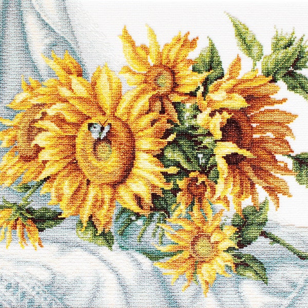 Sunflower Bouquet cross-stitch kit on Aida 18 count canvas. Spring Flowers with Butterfly. Cross Stitch kit by Luca-s B2264L