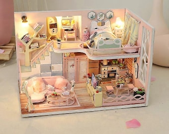 Miniature Roombox Kit. DIY Home Decor Dollhouse Kit with Furniture and LED Light. Doll House Craft Model F07M5-25-M026-A Wizardi