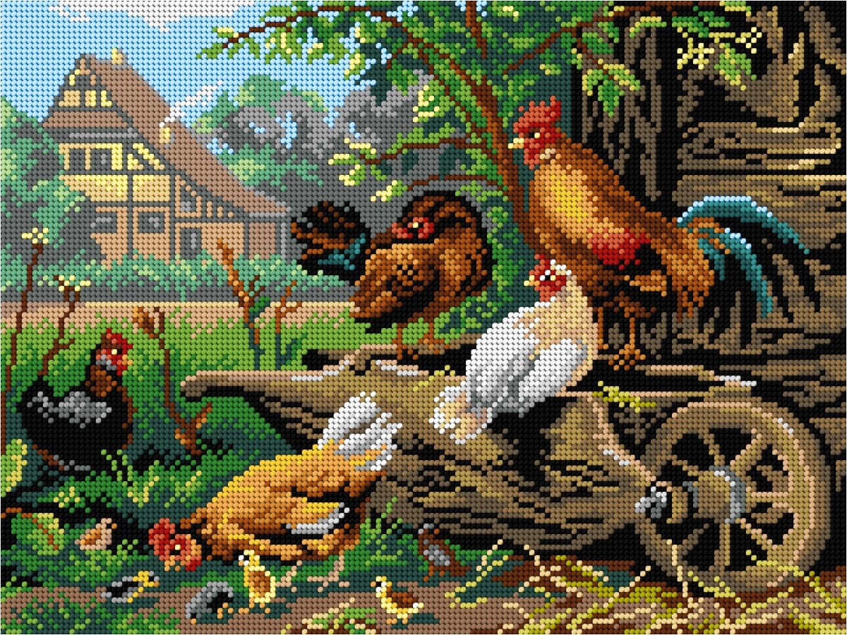 Chickens in the Village. Carl Jutz Farm Needlepoint Canvas for