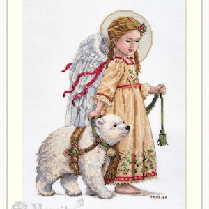 May include: Cross-stitch artwork of a young girl in a beige dress with a halo and angel wings, walking with a polar bear. The bear wears a decorative harness. Red ribbons and floral accents adorn the design. The artwork is framed.