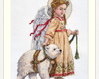 Cross-Stitch Kit 'Midwinter' - Angel with Polar Bear. Winter Embroidery Pattern on Aida 16 Count Canvas. Craft Project by Merejka K-257A