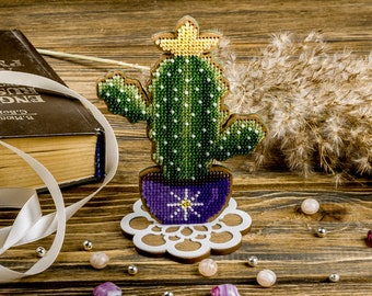 Cactus Bead Embroidery Kit on Wood kit - Ornament beading embroidery kit. Succulent Wonderland Crafts FLK-189