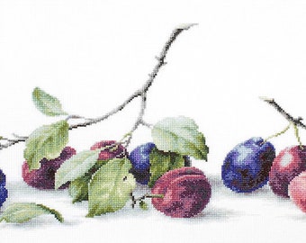 Plums Still life cross-stitch kit on Aida 14 count canvas.Kitchen Design with Fruits.  Cross Stitch kit by Luca-s B2257L