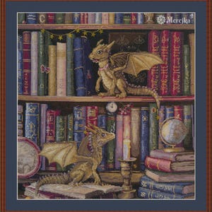 May include: Cross-stitch design featuring two golden dragons in a library setting. The dragons are perched on bookshelves filled with colorful books, a globe, and a lit candle. The design has a fantasy theme.