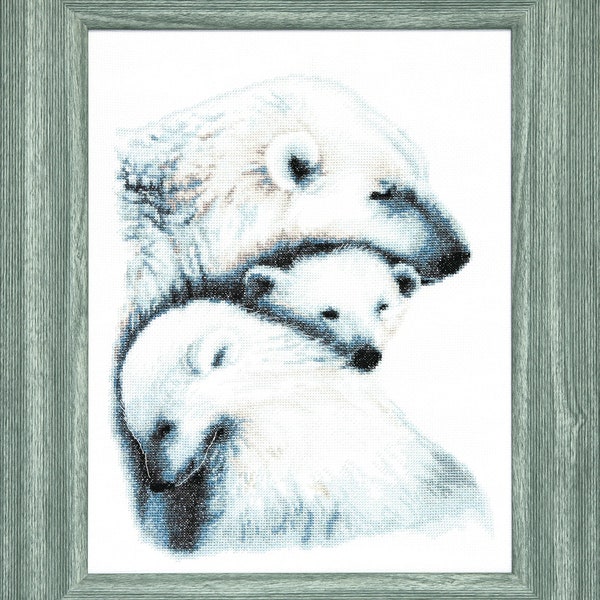 Polar Bears in Love cross-stitch kit on Aida 14 count canvas. Monochrome little Animal. Cross Stitch kit by Charivna Mit M-249C