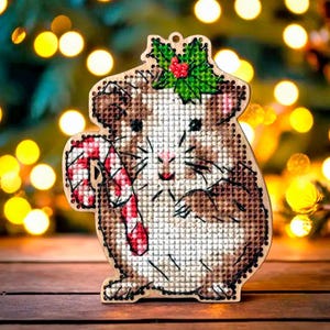 Hamster with Candy Cross-Stitch Kit on a Wooden Base. Hamster Cross Stitch kit. Christmas Cross Stitch Pattern by Wonderland Crafts FLW-056