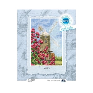 May include: Cross stitch kit featuring a colorful illustration of a windmill with a red flower bush in the foreground. The kit is titled "Mills" and includes DMC mouline thread. The kit measures 9 by 12.5 cm.