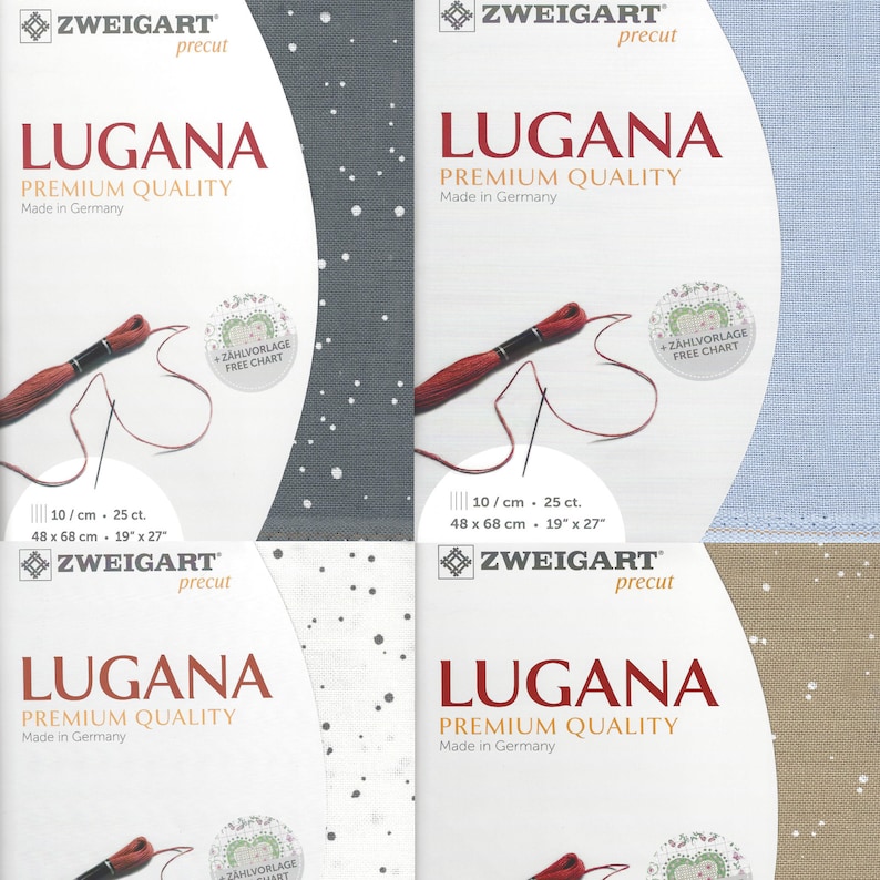Peut inclure: Quatre paquets de tissu Aida Zweigart Lugana, un type de tissu pour point de croix, en quatre couleurs diff&eacute;rentes&nbsp;: gris, bleu clair, blanc et beige. Chaque paquet porte l&rsquo;inscription&nbsp;&laquo;&nbsp;Zweigart pr&eacute;-coup&eacute;&nbsp;&raquo; et&nbsp;&laquo;&nbsp;Lugana qualit&eacute; sup&eacute;rieure Fabriqu&eacute; en Allemagne&nbsp;&raquo;. Le tissu est de 10&nbsp;fils par centim&egrave;tre et de 25&nbsp;fils par pouce. Les paquets comprennent &eacute;galement un diagramme gratuit.