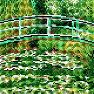 May include: A pixelated image of a green bridge over a pond, with white and green foliage. The bridge has green railings with white and black accents. The scene is reminiscent of a garden.
