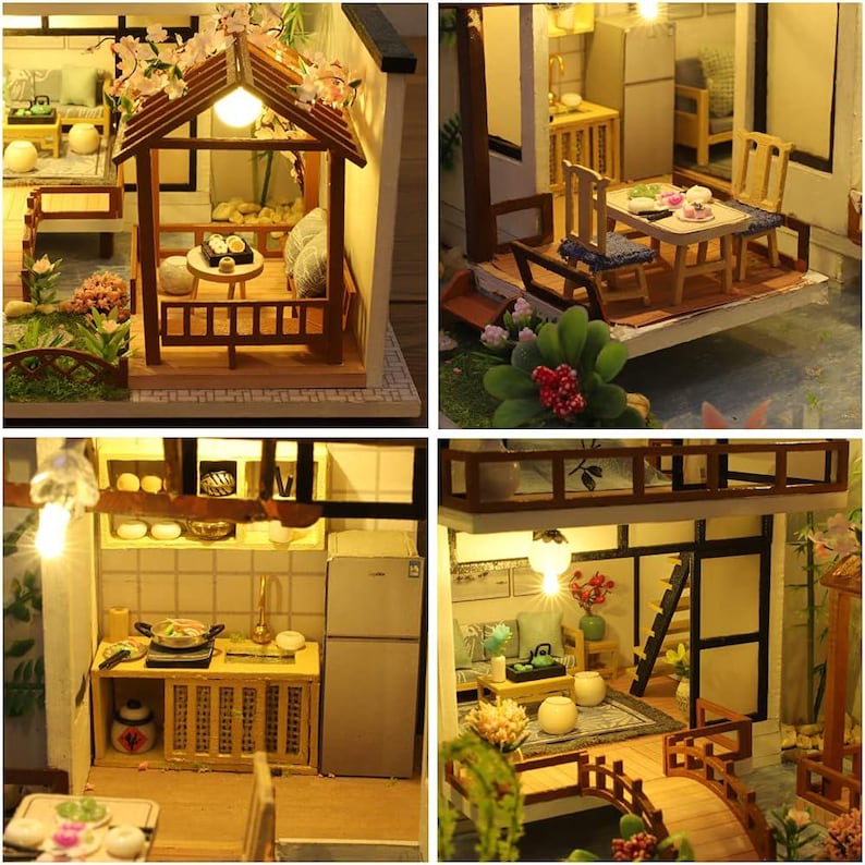 May include: A miniature dollhouse with a kitchen, living room, and outdoor patio. The dollhouse is lit with warm white lights and features a variety of furniture and accessories. The dollhouse is made of wood and has a white exterior.